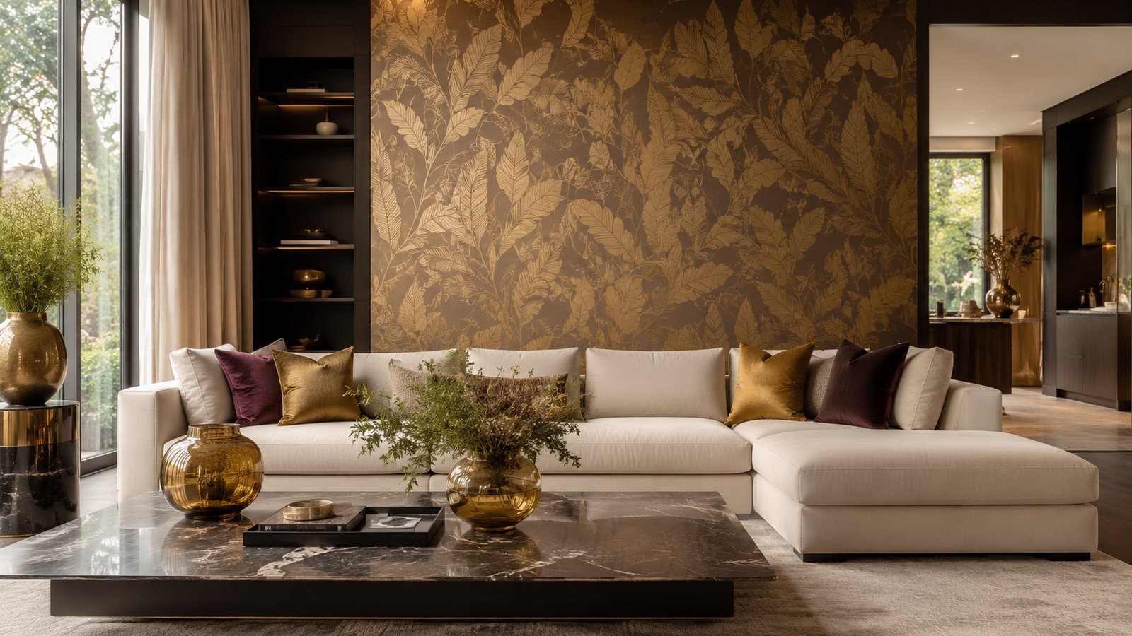 Salon haut de gamme avec mur botanique doré