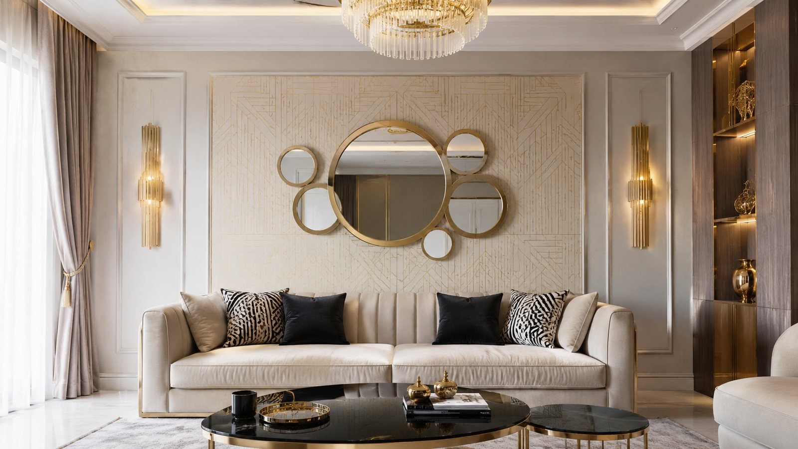Salon luxueux avec panneau mural décoratif doré