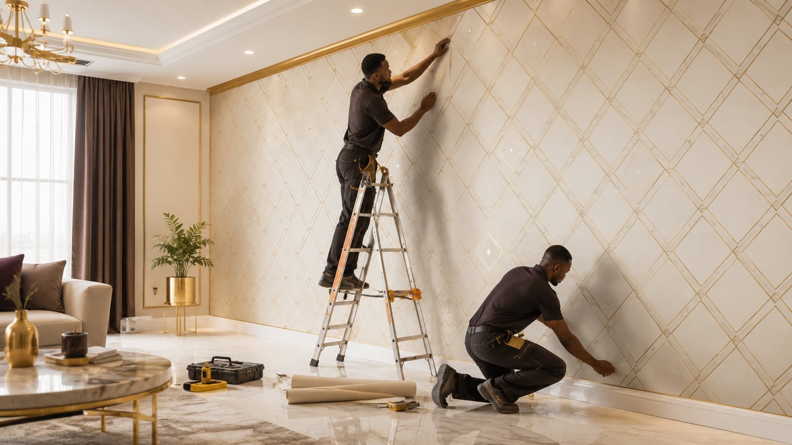 Pose professionnelle de papier peint dans un salon moderne